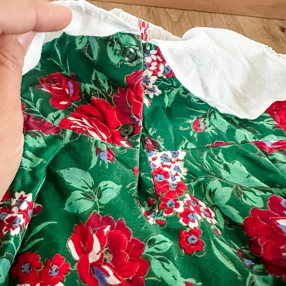 Vintage Girls 3T Kalula Kids Green & Red Rose Floral Dress‎ Lace Collar 90's